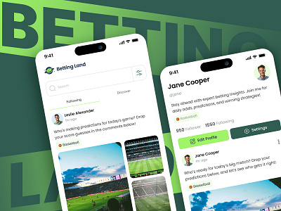 Betting Land - Social Media App for Sports Enthusiasts android branding design illustration ios logo mobile app product design research social media ui ux