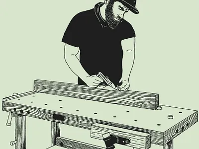 Working In The Workshop illustration lumber lumberjack plane planing wood woodworking work workbench workshop