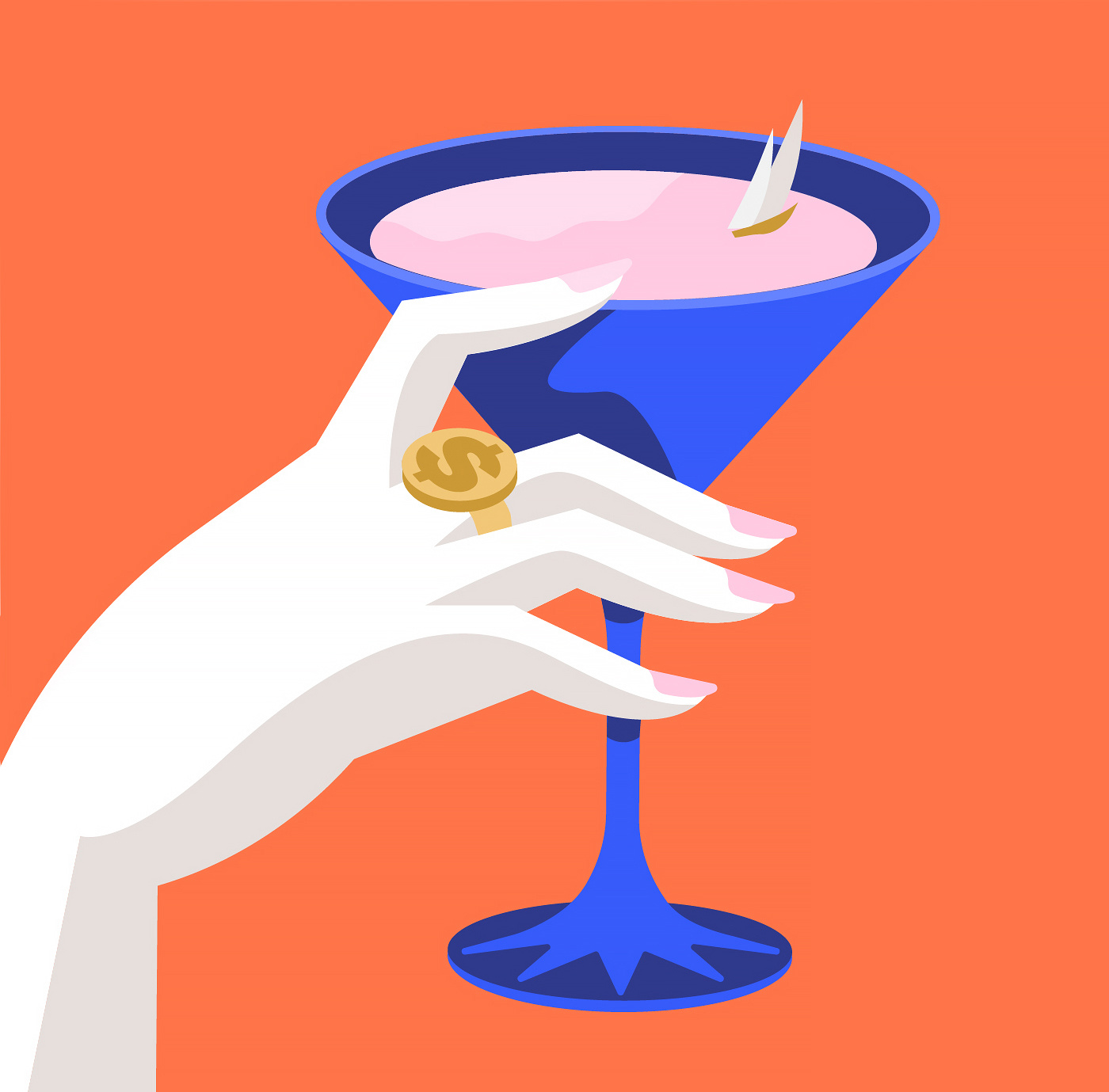 Hidden Chains - editorial illustration blue design dollar editorial editorial vector female flat hand lifestyle lux luxury martini martini glass money orange rich usd vector