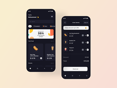 Food Delivery App 🌭 - Dark Mode app cart dark mode delivery design food food design mobile restaurant ui uidesign uiux ux