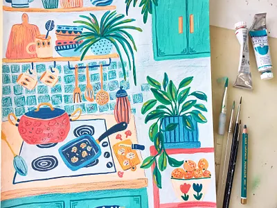 Kitchen Scene art cooking drawing gouache hand drawn illustration kitchen painting