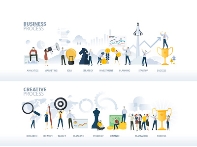 Business banners creative process seo social media startup vector web