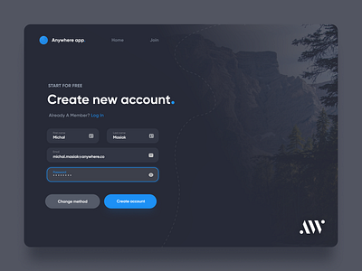 Login & Sign up - Dark Mode | AW Universal Page account anywhereworks clean create account dark dark mode design forgot password form interface login login form login page product design register sign in sign up ui ux web