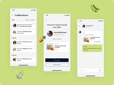 Nearby food - mobile app concept app chat clean colorfull concept design conversation design details flat graphic graphic design illustration messages mobile app notifications products ui vegetables