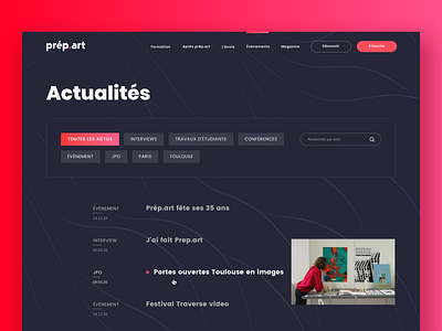 Design Shool Prépart - Listing pages + search by tags dark dark mode dropdown events events page filters list listing news news page searchbar ui ux website