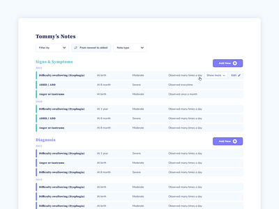 Filtering for parent's notes design filtering sorting ui uiux web web application