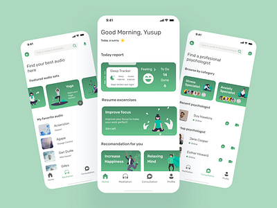 Meditation & Mindfulness App app branding cardio design green health light meditation meditation mindfulness app mentalhealth mindfulness mobile mobileapp ui ux white yoga