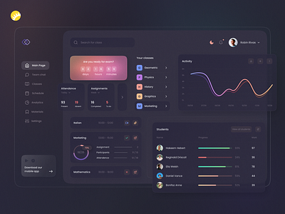 Studings Tracker Dashboard activity analytics app assignment capabilities classes dashboard design easy informative learning navigate practical progress schedule student studying subject track ui