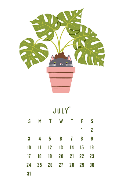 Catlendar 2022 - July calendar cat design drawing illustration july vector