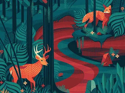 Illustration (bottom half) for a mountain bike race in Mexico animal coyote deer design ferns graphic design green illustration illustrator jade landscape nature orange terracota trail trees vector woods