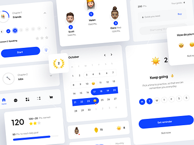 Gamification components - Real project achievement app buttons calendar component component library design system education elements gamification language leaderboard minimal mobile modal rankings style guid ui ui component