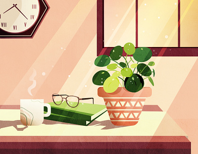 Relaxing Day adobe illustrator book coffee design drawing flat glasses graphic green illustration nature orange pilea plant yellow zen