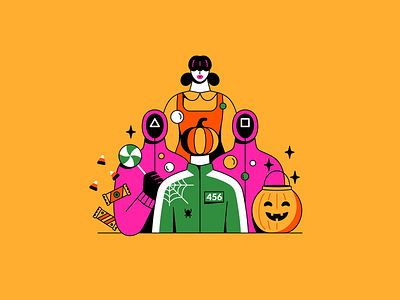 Happy Halloween candies candy character chocolate color halloween halloweencandies illustration minimal pink pinksoldier pumpkin spider spiderweb squidgame sweets treats trickortreat vector