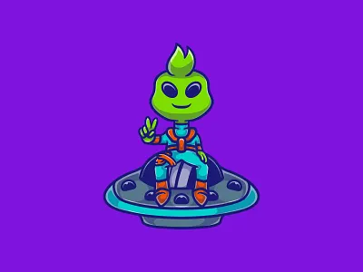 Cute alien sitting on spaceship alien astro astronaout cartoon character cosmic cosmonaut cosmos design illustration logo mascot monster spaceship