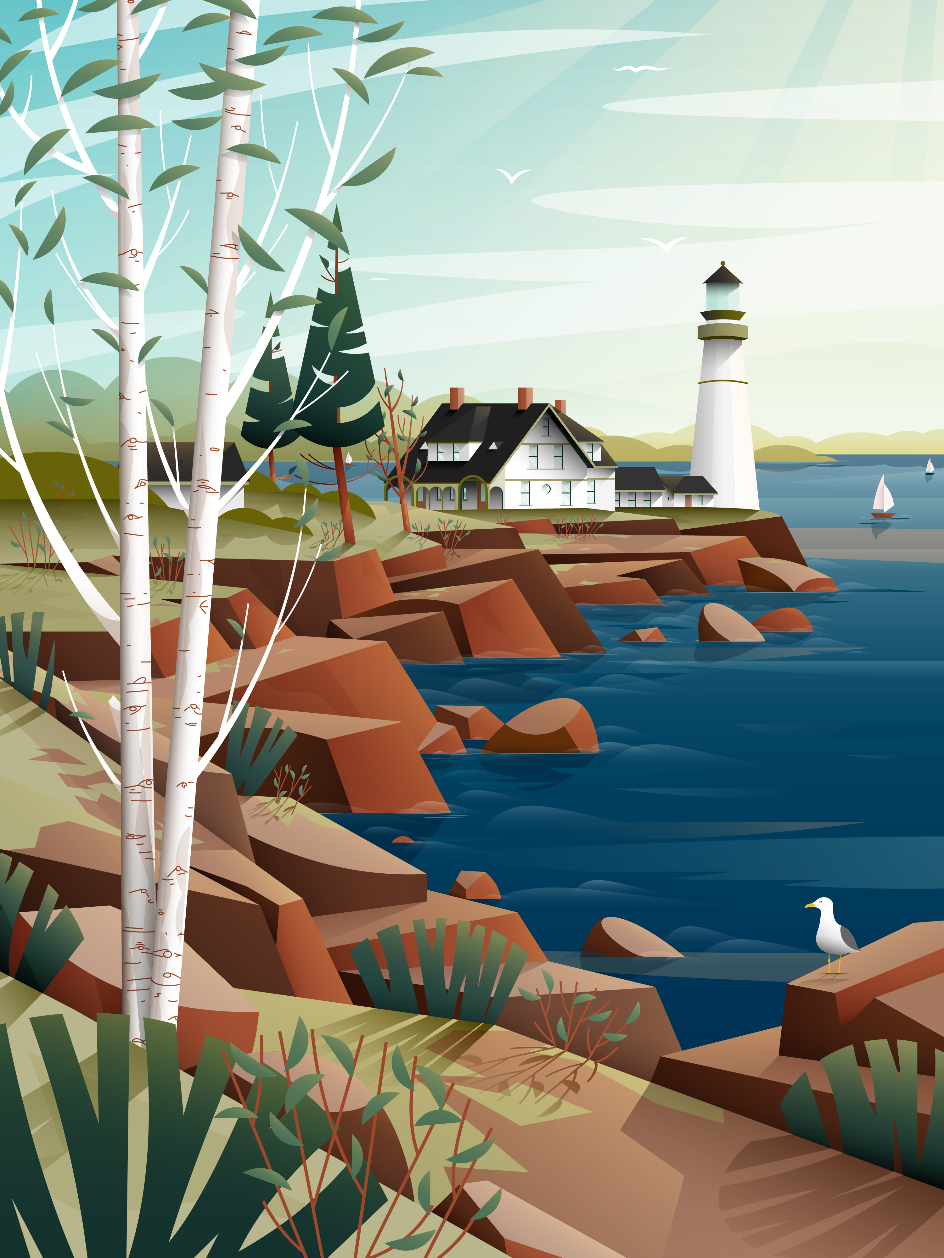Travel Illustration: New England Lighthouse bird blue design flat geometric house illustration illustrator landscape lighthouse maine minimal nature ocean rocks sailboat seagull travel tree vector