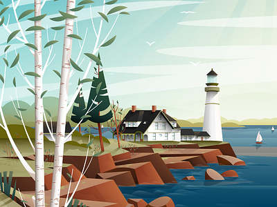 Travel Illustration: New England Lighthouse bird blue design flat geometric house illustration illustrator landscape lighthouse maine minimal nature ocean rocks sailboat seagull travel tree vector