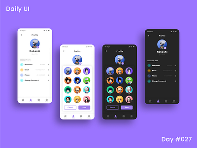 Daily Ui Challenge - Dropdown 027 27 appui avatar avatar selection avatars dailyui dailyuichallenge dark theme darktheme day27 dropdown dropdown menu light theme lighttheme profile pic profile pic selection social media social media app