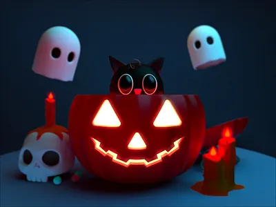 Happy Halloween🎃 3d 3d illustration candle cat cinema 4d cute design fun ghost halloween illustration low poly party path pumpkin skull