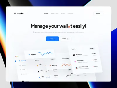 Crypter Hero Header - P2 blue clean coin concept crypto cryptocurrency finance glassmorphism graph hero header invest landing light mac os minimal trade ui ux wallet web design