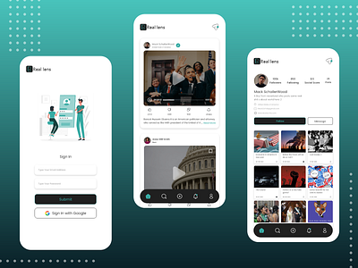 Real-Lens Application app design application design login news application profile profile design register social social media ui ui design xd