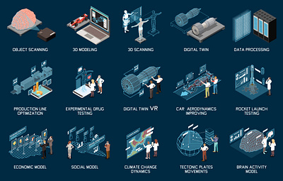 Digital twin technology set digital illustration isometric scanning technology twin vector