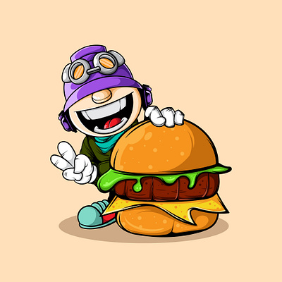 HAPPY CHARACTER WITH BIG BURGER art burger character design doodle food icon illustration logo mascot menu restaurant symbol vector