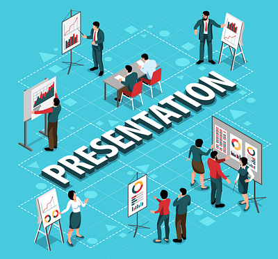 Presentation flowchart coaching discussion illustration isometric presentation training vector