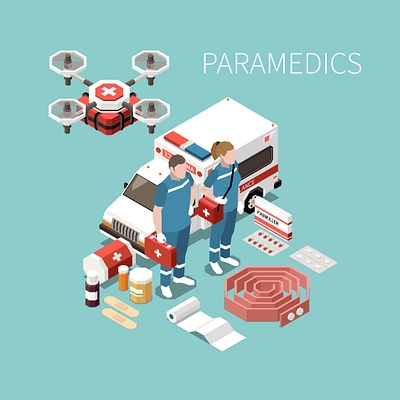 Paramedics background ambulance doctors emergency illustration isometric paramedic vector