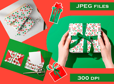Minimalistic Christmas Patterns clipart design digital paper gifts green hand painted illustration red seamless pattern stars watercolor wrapping