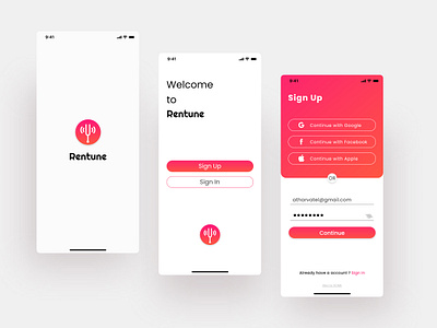 SignUp - Login Screens adobe xd adobexd app design design dribble shot dribble shots figma instruments ios mobile app mobile design music onboarding pink product design red ui white