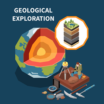 Geology earth exploration composition earth exploration geology illustration isometric science vector