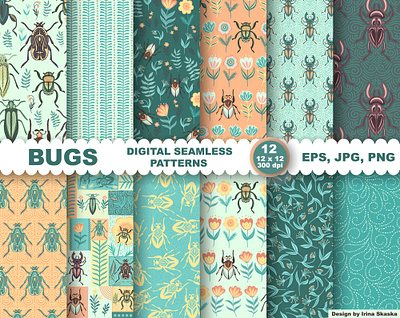 BUGS. Digital Seamless Patterns. beetle bugs digital art digital scrapbooking graphic design illustration ornament packaging printable seamless pattern summer style tex textile design vector