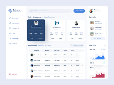 Diamand - Sales Management dashboard dashboard sales management design dribbble employee management employees freelance freelancer management overview popular sales statistics ui uiux