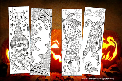 Halloween Coloring Bookmarks animal animalzentangle blackcat coloringbookmarks design etsy halloween zendoodle zentangle