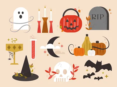 Halloween 2021 bats design ghosts graphic design halloween illustration illustrator moon pumpkins skull spiders witch
