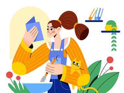 Happy Leisure - 3 animal cat character cook cooking food girl home house illustration kitchen lady pet plant room tutorial vector woman