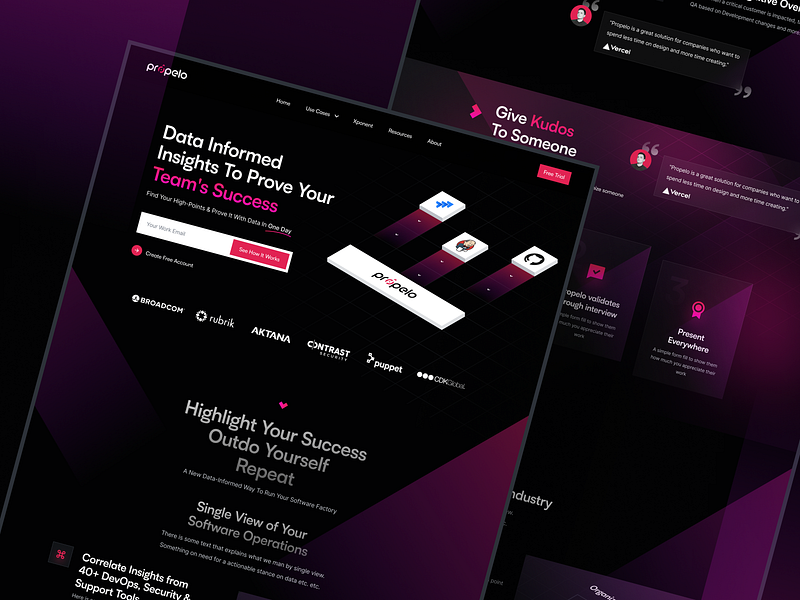 Landing Page: Propelo animation dark dark landing page dark mode dark pink dark ui dark website dashboard developer developer tool landing landing page landing page dark theme landing page design landing page ui pink website saas