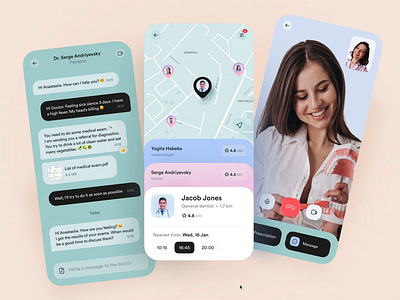 Telemedicine App animation appointment bright colors chat dark theme design doctor light theme map mobile app telemedicine ui video call