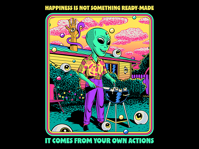 Happiness is not ready-made alien design illustration music positive thinking poster psychedelic quote retro surrealism vector vintage wisdom