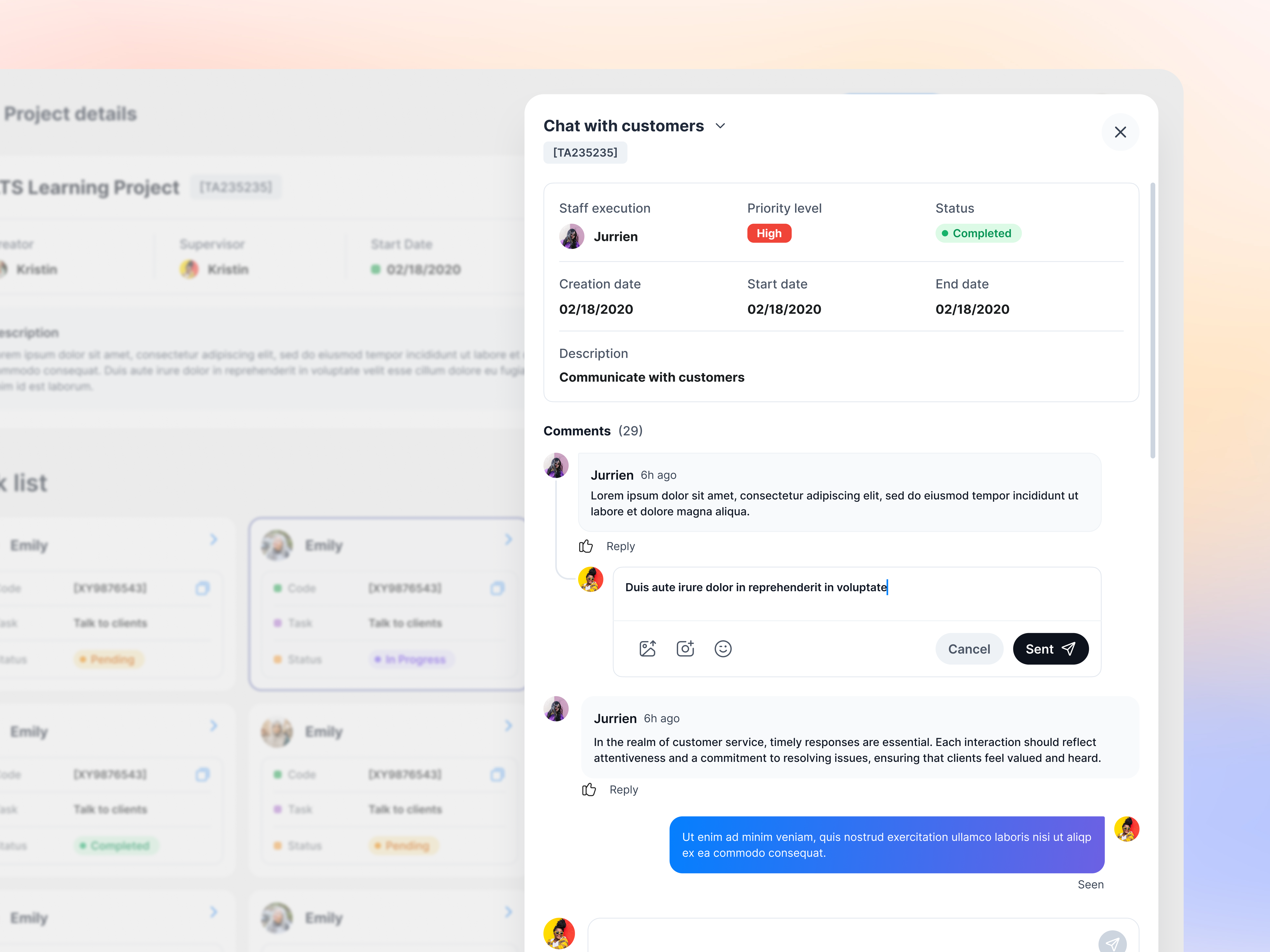 Task management card chat chat messege dashboard design design system management app minimal ui modal modern ui page detail popup short web task task app task management ui ui design user interface ux