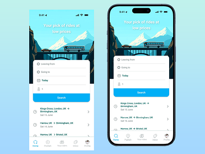 Riding App Design blue background destination hired ride landscape view location low price maps mobile app mobile user pick up pick up location ride app ride booking ride sharing riding safe access sleek design user uxui white theme