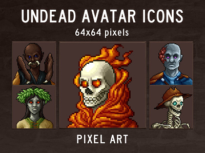 Undead Avatar Icons 64x64 2d 64x64 art asset avatar avatars character evil fantasy game game assets gamedev icon icons indie mmorpg pixel pixelart pixelated rpg