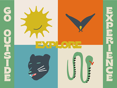 Get Out - Explore! badge bear bird design eagle explore graphic design illustration illustrator minimal nature simple snake sun