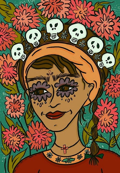 Dia De Los Muertos Digital Illustration artwork dia de los muertos digital art flowers girl halloween illustration portrait procreate skulls women in illustration