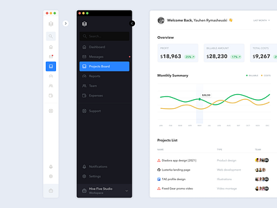 Sidebar menu and projects dashboard concept 8px clean dashboard design grid menu sidebar ui ux web