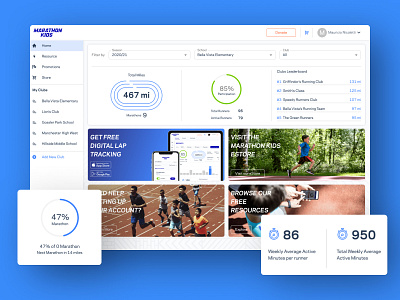 Marathon Kids Web App activity app blue branding dashboard design education health marathon kids nike running ui ux uxui webapp website