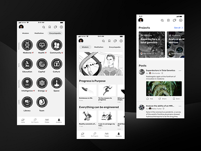 Social network for people from science app categories communication engineering icon illustrations industrial meta mobile network news personal post science social space ui user