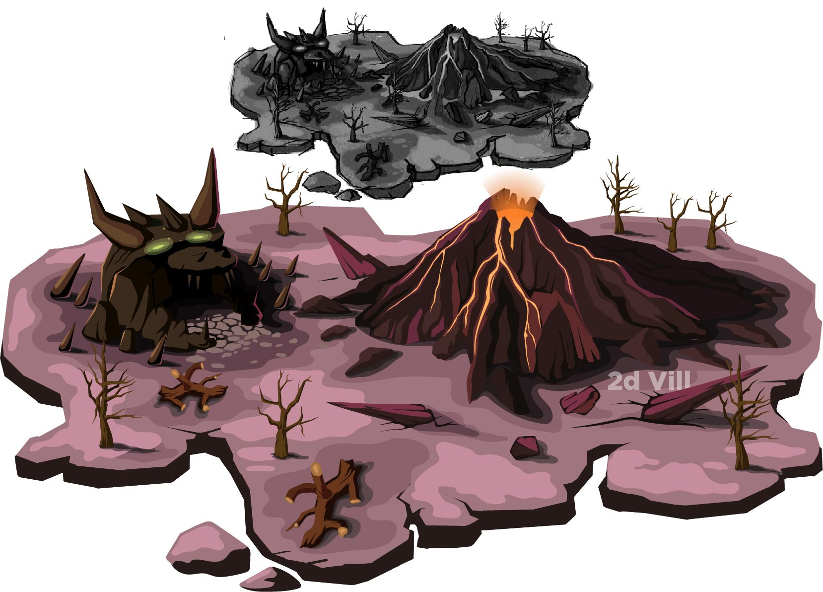 Volcano Island 2d cave dead tree game illustration island level map nature sketch vector volcano