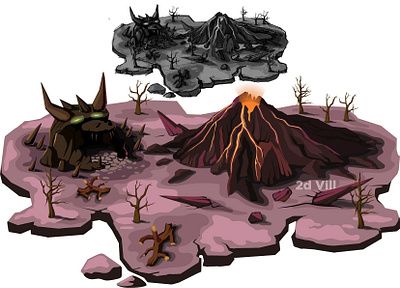 Volcano Island 2d cave dead tree game illustration island level map nature sketch vector volcano