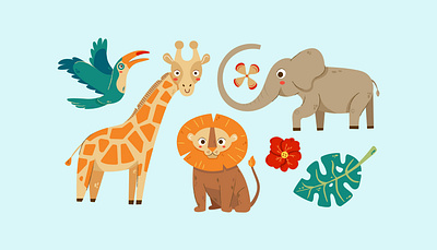 Jungle animals cute elephant illustration jungle kids lion toucan vector